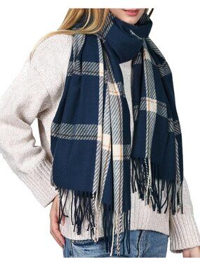Women's Navy Shawl Soft Tassel Plaid Large Scarves Wraps Neck Scarves